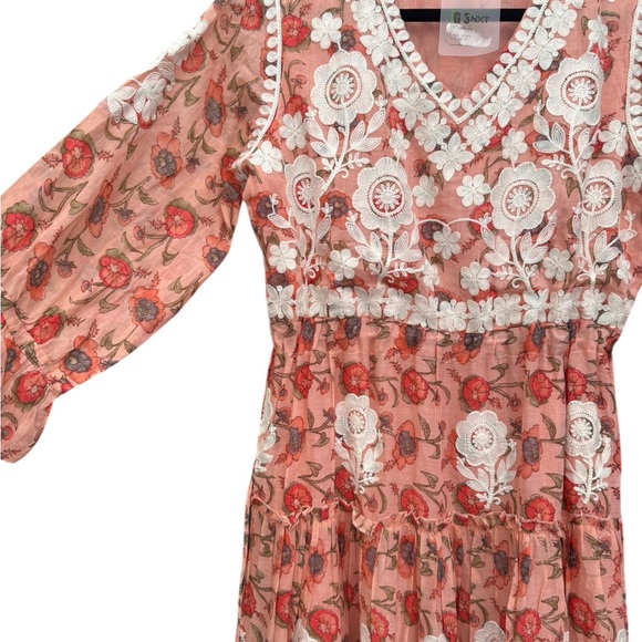 Pink Floral Embroidered Dress with Cream Lace Detail Size XL- cottagecore - Picture 4 of 15